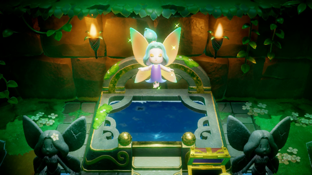 A shimmering Fairy appears to be floating above a small pool.[The game on display is Legend of Zelda: Echoes of Wisdom]