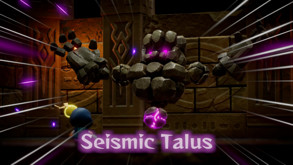 A large stone creature is displayed prominently. The words "Seismic Talus" are displayed below, naming the creature. [The game on display is Legend of Zelda: Echoes of Wisdom]