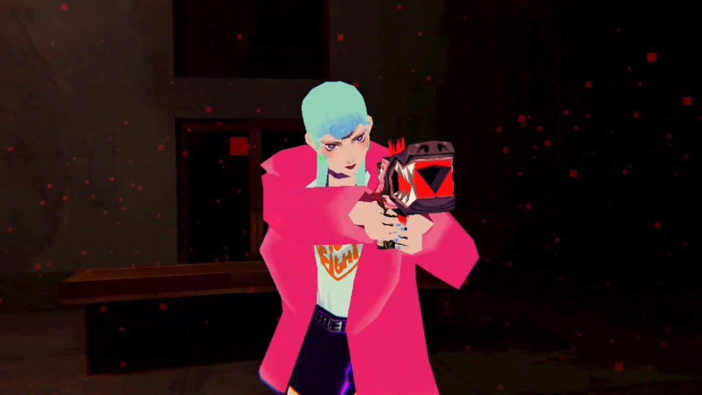 Sorry, We're Closed A blue hair woman in a bright pink coat points a gun toward the camera