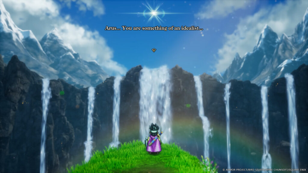 Dragon Quest 3 2D-HD Remake a person staring up at a star while standing on a cliff surrounded by waterfalls