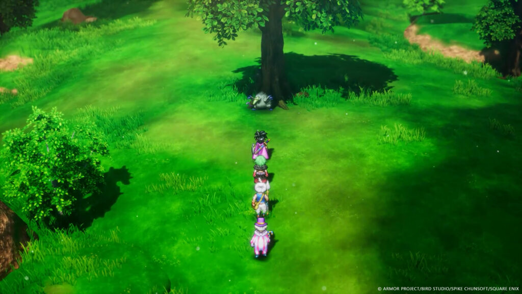 Dragon Quest 3 2D-HD Remake 4 people in a field carefully approach a creature resembling an echidna sitting under a tree