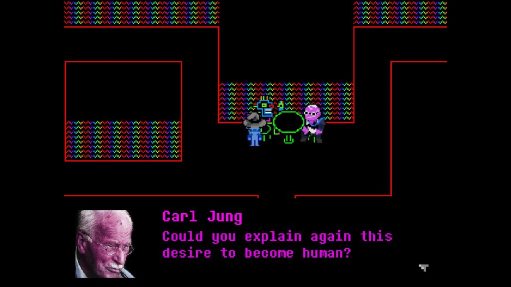 Everhood 2 A rainbow-coloured homunculus and a pixel version of renowned psychiatrist Carl Jung sit at a table inside a black room with rainbow walls