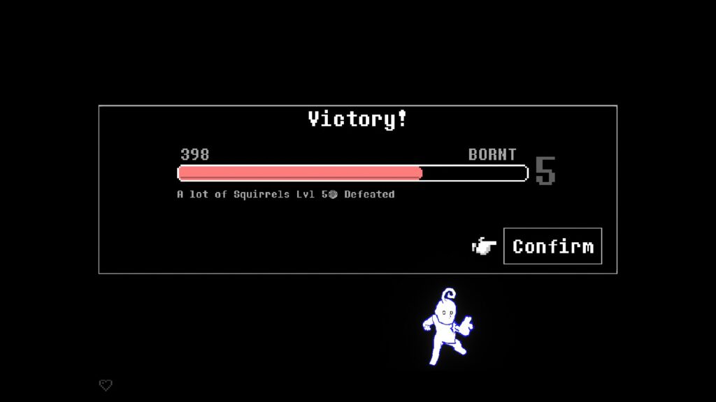 Everhood 2 A victory screen featuring an experience bar announcing the player has defeated "A lot of Squirrels"