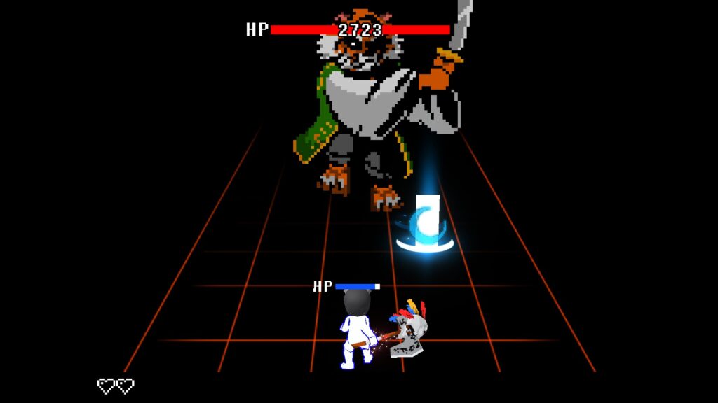 Everhood 2 a small glowing being standing off against a large, looming anthropomorphic Tiger with a sword