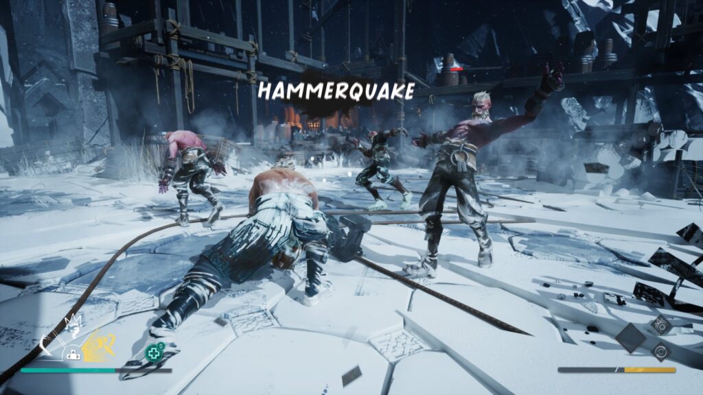 A viking slams his hammer into the frozen ground, setting three assailants off balance and displaying the word "HAMMERQUAKE" in the air like a comic book