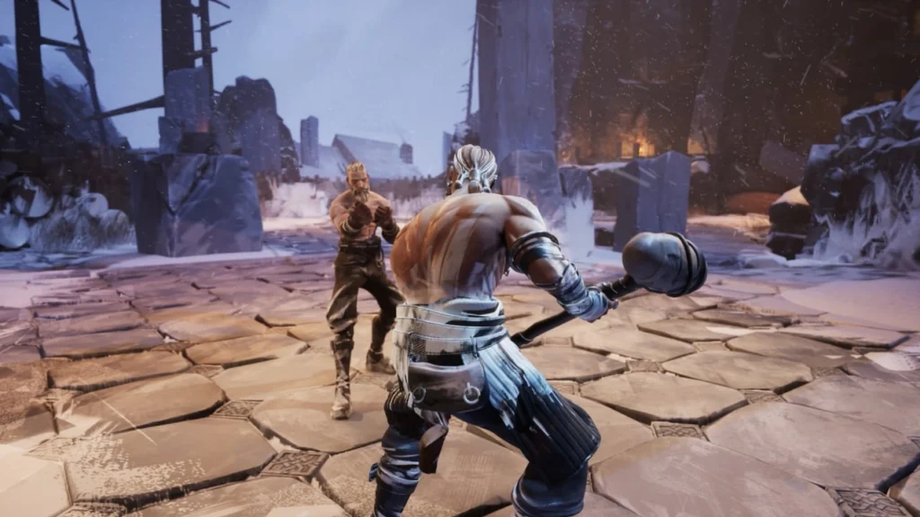 A large viking wielding a hammer is squaring off against another viking in a large frozen environment