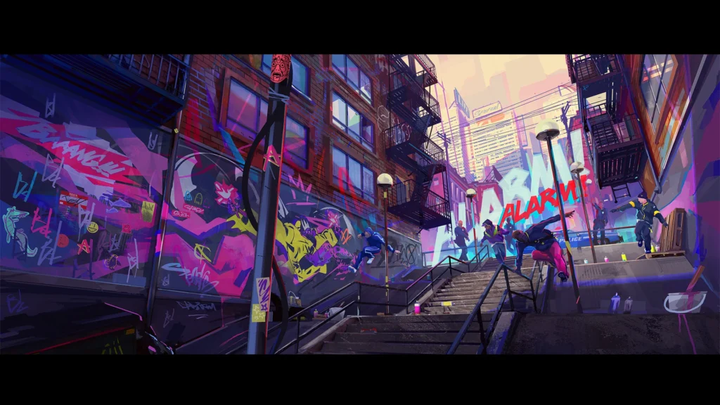 Concept art from the game Tenet of the Spark. A handful of young men are running away from the police down a staircase. The walls are lined with graffiti