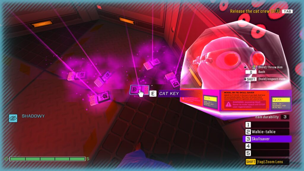 Skin Deep A head in a jar is floating in the foreground while there are several glowing purple boxes sitting on the floor in the background. The boxes are all named "Cat Keys"