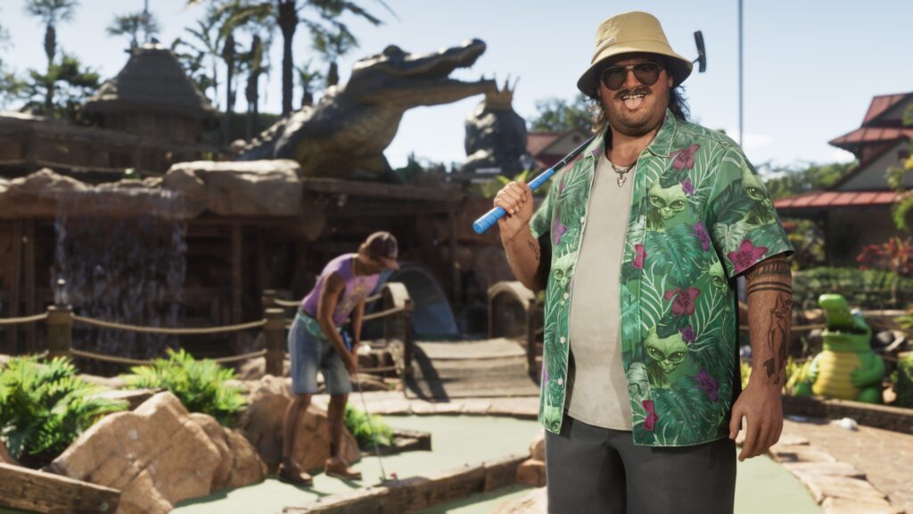 GTA 6 a man in a beach shirt and a bucket hat poses for the camera at a mini golf course