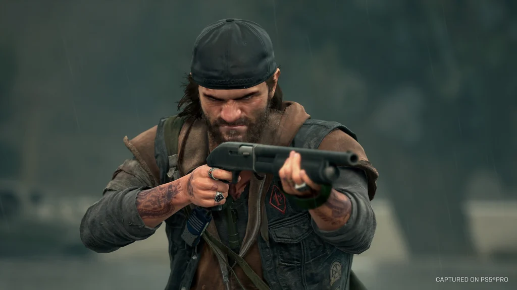 Days Gone Remastered An angry man in a leather jacket and a cap points a shotgun