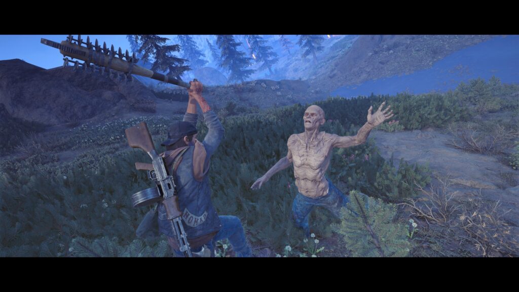 Days Gone Remastered A cinematic shot of a man swinging a DIY mace at a zombie