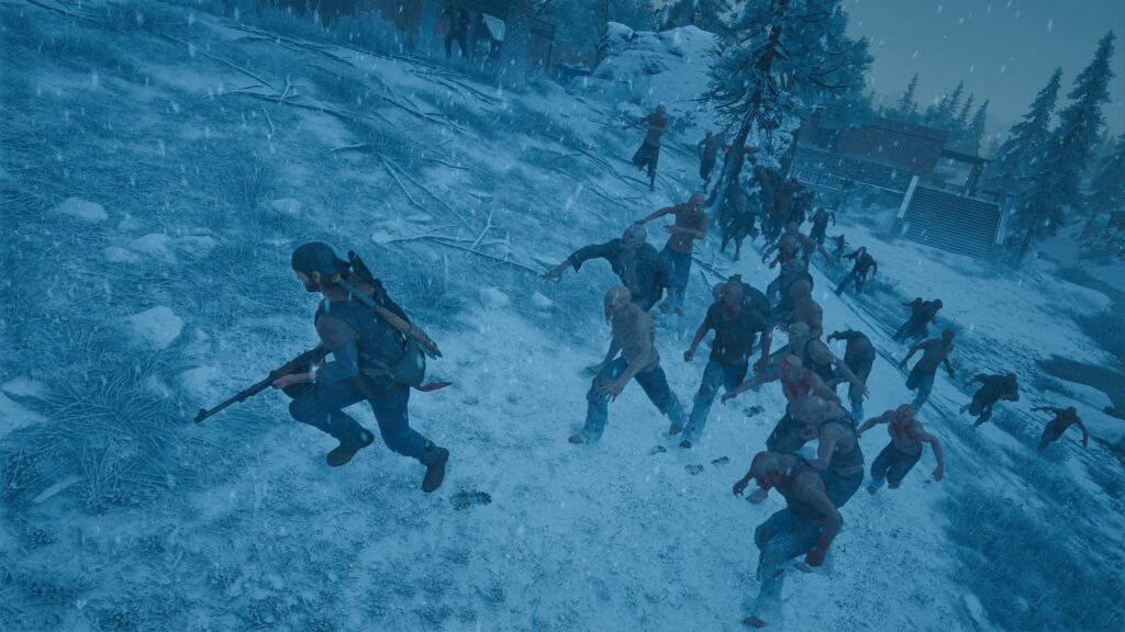 Days Gone Remastered A horde of zombies chases a man in the snow