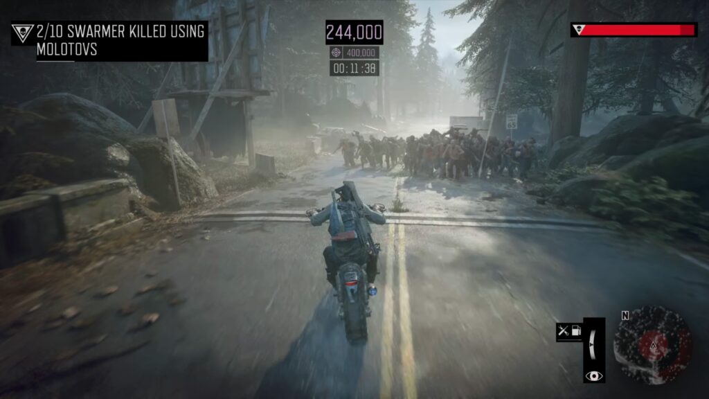 Days Gone Remastered A man on a bike is speeding towards a horde of zombies
