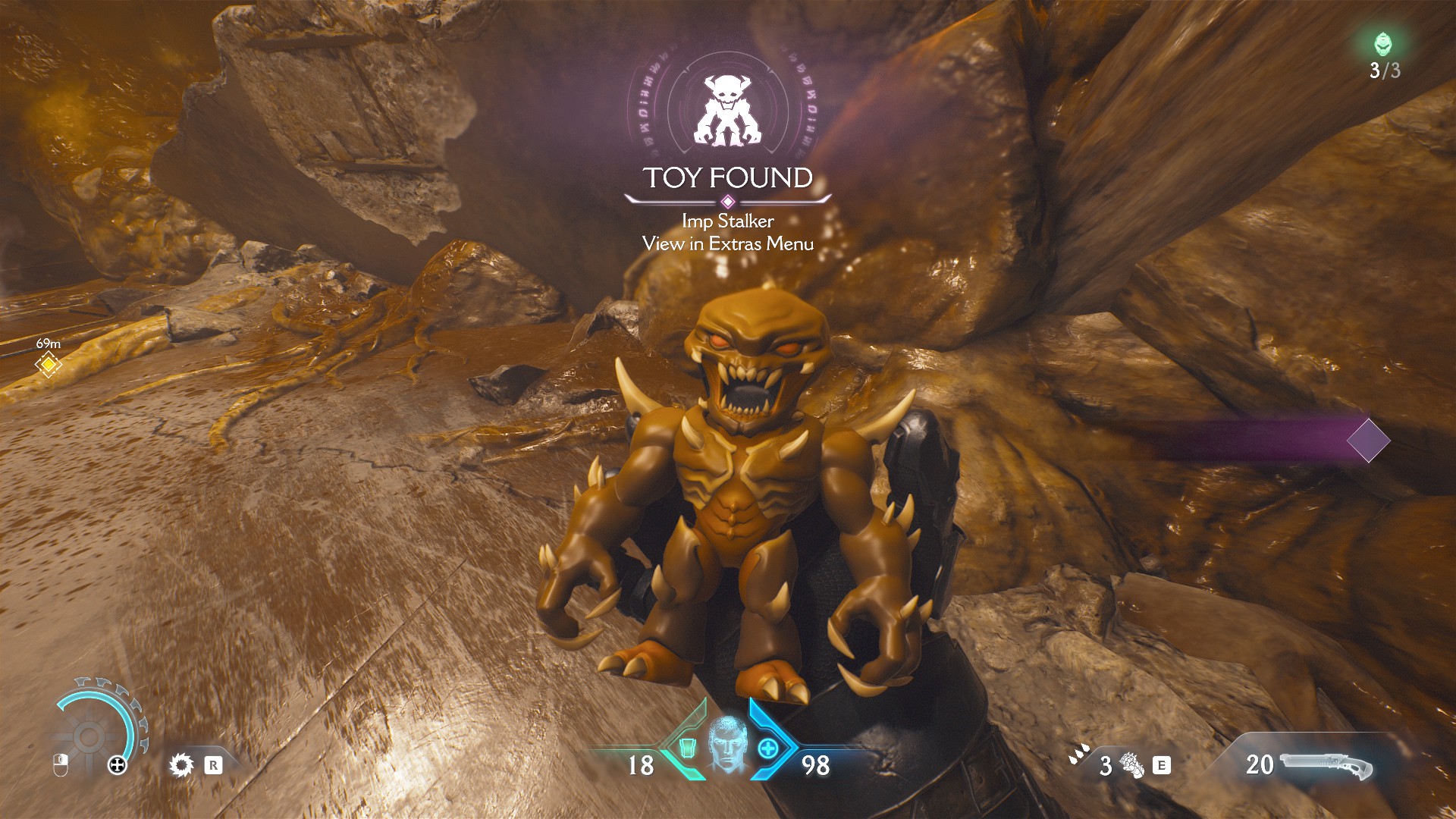 DOOM: Dark Ages "TOY FOUND: Imp Stalker. View in Extras Menu". A hand holds a toy monster