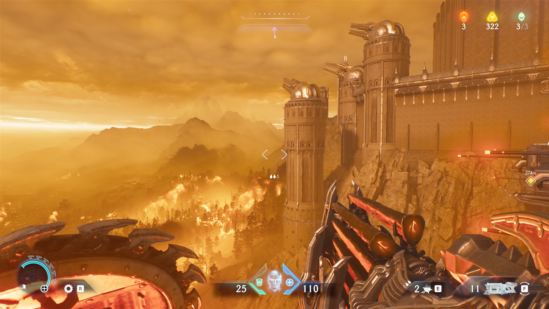 DOOM: Dark Ages A distant view of burning forests and large cannons atop gothic walls