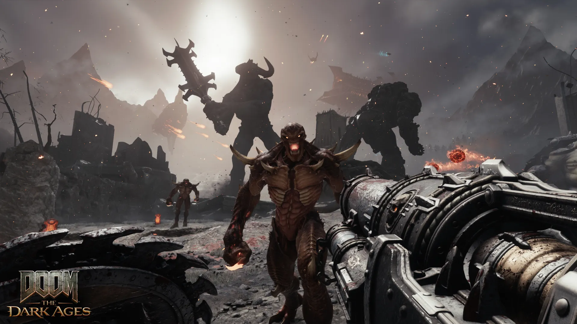 DOOM: Dark Ages A menacing monster stares down the camera as a rocket launcher and shield are displayed