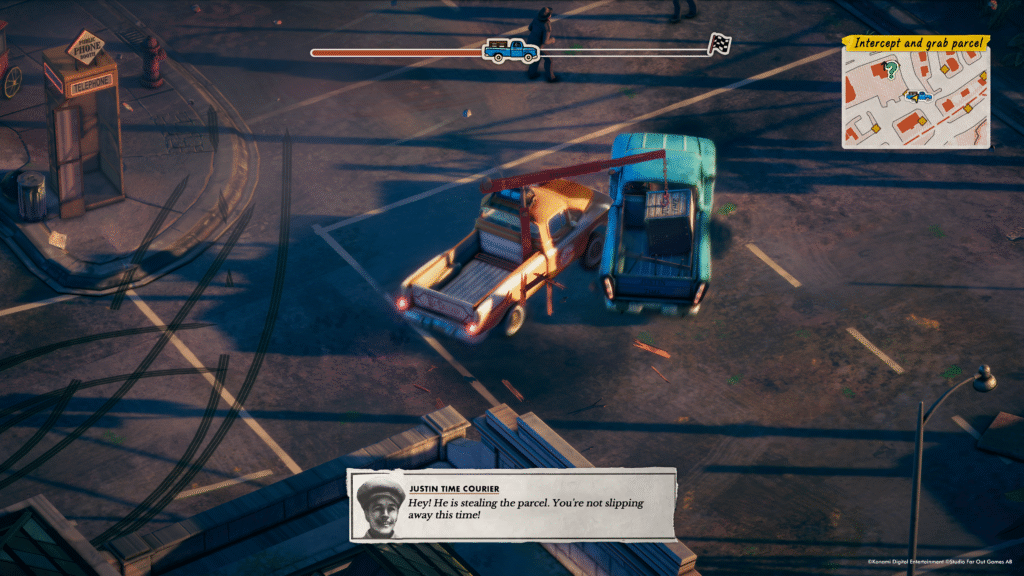Deliver At All Costs A pickup truck stealing a crate off the back of a rival truck