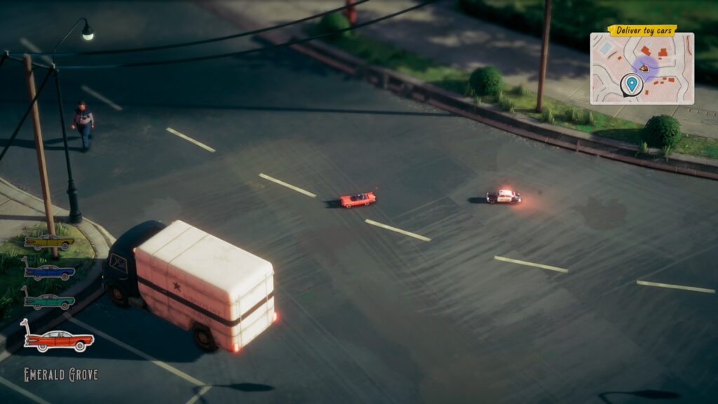 Deliver At All Costs two two cars drive of a road next to a parked truck